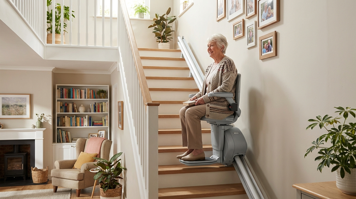 Eine ältere Dame fährt sicher und entspannt auf einem modernen Treppenlift die Treppe in ihrem gemütlichen Zuhause hinauf. Helle, wohnliche Umgebung, fotorealistisch und detailreich.