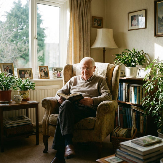 Ein lächelnder Senior sitzt entspannt in seinem gepflegten Sessel im Wohnzimmer, während er ein Buch liest. Helles Tageslicht, gemütliche und sichere häusliche Umgebung.