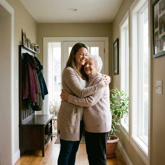 Eine pflegende Angehörige umarmt liebevoll ihre ältere Mutter im Hausflur. Beide wirken glücklich und entlastet. Helle, freundliche Beleuchtung.