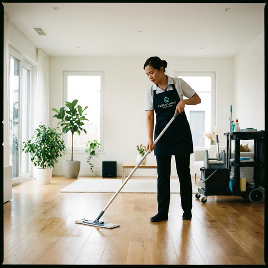 Eine professionelle Reinigungskraft wischt mit einem modernen Mopp den Holzboden in einem hellen Wohnzimmer. Sauberkeit, Ordnung, Fokus auf die Tätigkeit.