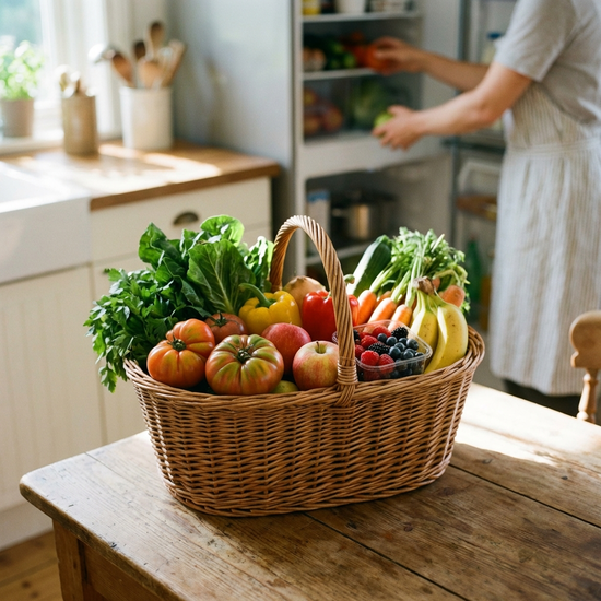 Ein gefüllter Einkaufskorb mit frischem Gemüse und Obst steht auf einem sauberen Küchentisch, im Hintergrund eine unscharfe Person, die Einkäufe einsortiert.