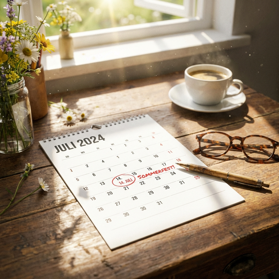 Ein Kalenderblatt auf einem Schreibtisch, auf dem ein Datum im Sommer markiert ist, daneben ein Stift und eine Brille. Helles Licht.