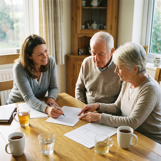 Eine freundliche Beraterin sitzt mit einem älteren Ehepaar am Esstisch und füllt gemeinsam ein Formular aus. Vertrauensvolle Beratungssituation.