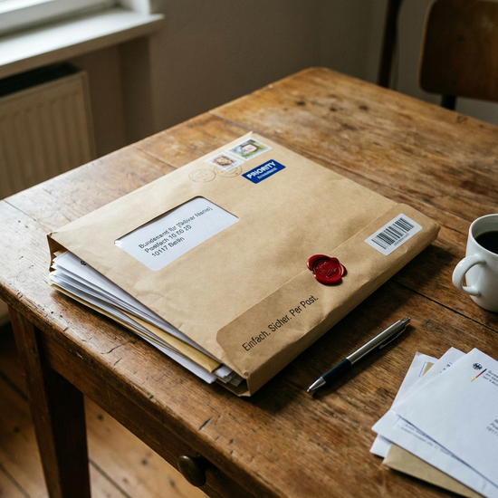 Ein Briefumschlag mit offiziellen Dokumenten liegt auf einem Tisch, bereit zum Versand. Symbolisiert die einfache Abwicklung per Post.
