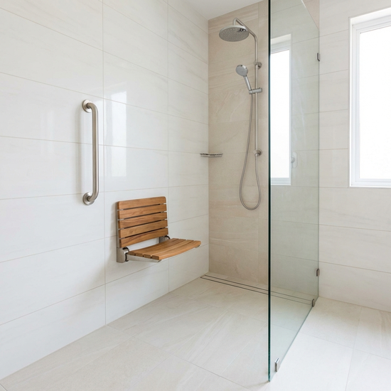 Eine moderne, barrierefreie, bodengleiche Dusche in einem hell gefliesten Badezimmer. Sicherer Haltegriff an der Wand. Sauber und hochwertig.