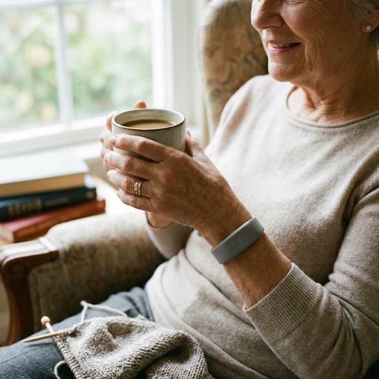 Ein unauffälliger, moderner Hausnotruf-Knopf am Handgelenk einer älteren Person, die gemütlich eine Tasse Kaffee hält.
