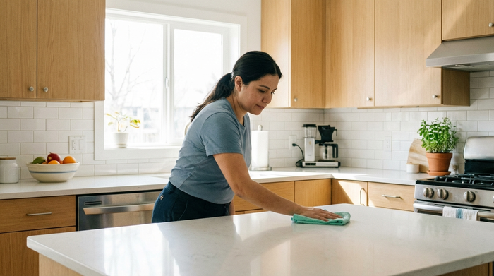 Eine ordentliche, helle Küche. Eine Reinigungskraft wischt mit einem sauberen Tuch über die Küchenarbeitsplatte. Fokus auf Sauberkeit und Alltagsarbeiten, realistische und aufgeräumte Szene.