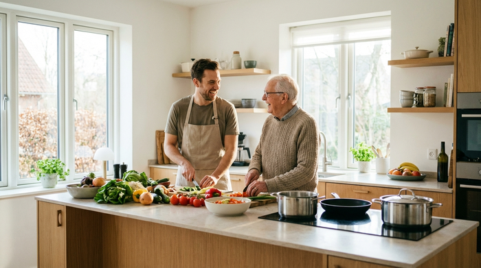 Ein engagierter Alltagsbegleiter kocht zusammen mit einem älteren Herrn in einer hellen, modernen Küche. Beide schneiden frisches Gemüse und lachen. Lebendige, authentische Szene, warmes Licht.