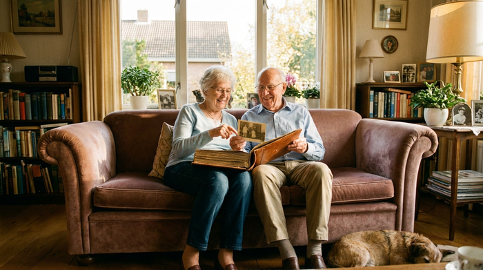 Ein älteres Ehepaar sitzt entspannt auf einem bequemen Sofa im Wohnzimmer und schaut sich gemeinsam ein Fotoalbum an. Im Hintergrund weiches Sonnenlicht. Sorgenfreie, friedliche Stimmung ohne Geldscheine oder Dokumente im Bild.