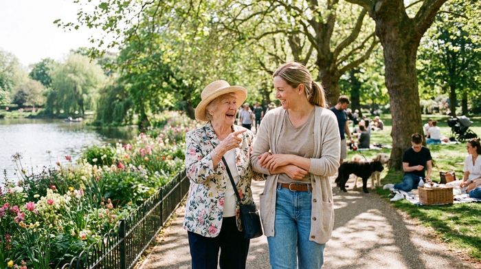 Eine ältere Dame spaziert an einem sonnigen Tag in Begleitung einer fürsorglichen Assistentin durch einen grünen Park. Beide wirken entspannt und glücklich. Natürliches Tageslicht, klare Umgebung.