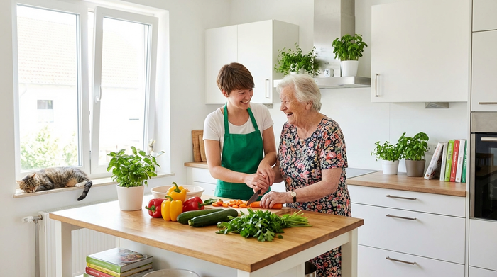 Eine junge Pflegerin hilft einer älteren Dame beim liebevollen Zubereiten von frischem Gemüse in einer hellen, sauberen Küche.