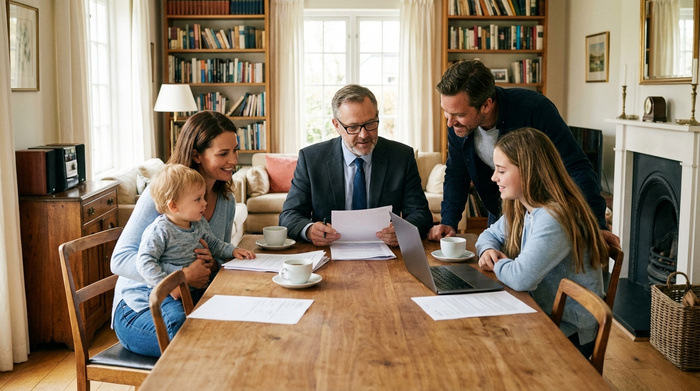 Ein seriöser Berater sitzt mit einer Familie am Wohnzimmertisch und bespricht geduldig wichtige Dokumente in einer entspannten, vertrauensvollen Atmosphäre.