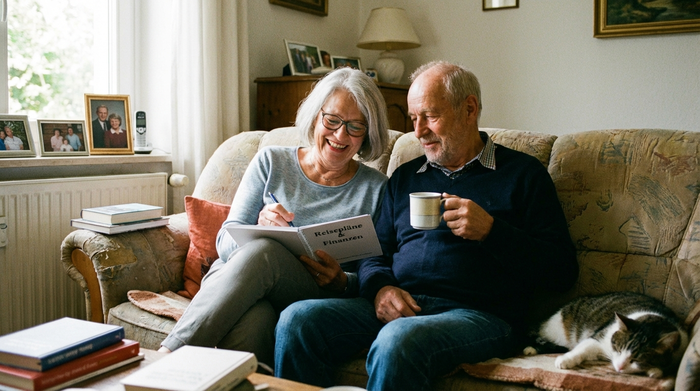 Ein älteres Ehepaar sitzt entspannt auf einem Sofa, während die Frau lächelnd auf einen Notizblock schaut und die Finanzen plant.