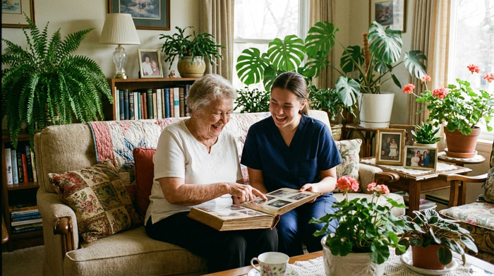 Eine ältere Dame zeigt ihrer neuen Betreuerin fröhlich ein altes Fotoalbum in einem gemütlich eingerichteten Wohnzimmer mit vielen Pflanzen.