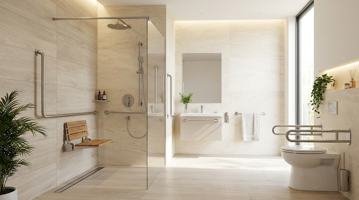 Ein modernes, barrierefreies Badezimmer mit einer bodengleichen Dusche, stabilen Haltegriffen und einem eleganten Duschsitz in hellem, freundlichem Design.