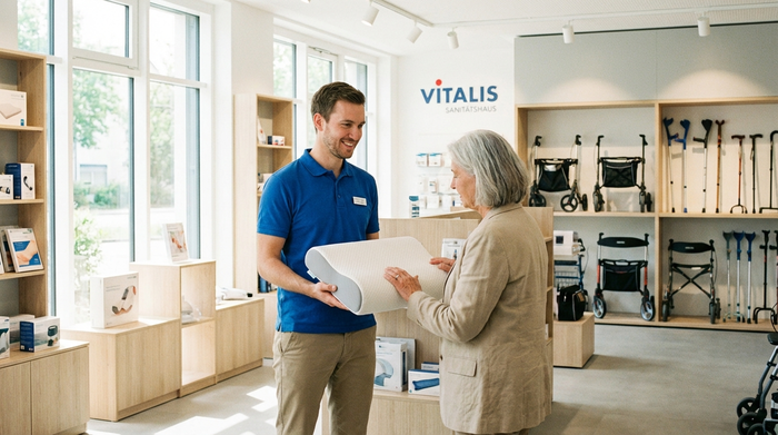 Ein helles, modernes Sanitätshaus von innen. Ein freundlicher Berater in sauberer Arbeitskleidung zeigt einer älteren Dame ein orthopädisches Kissen. Im Hintergrund sind ordentlich aufgereihte Gehhilfen zu sehen.