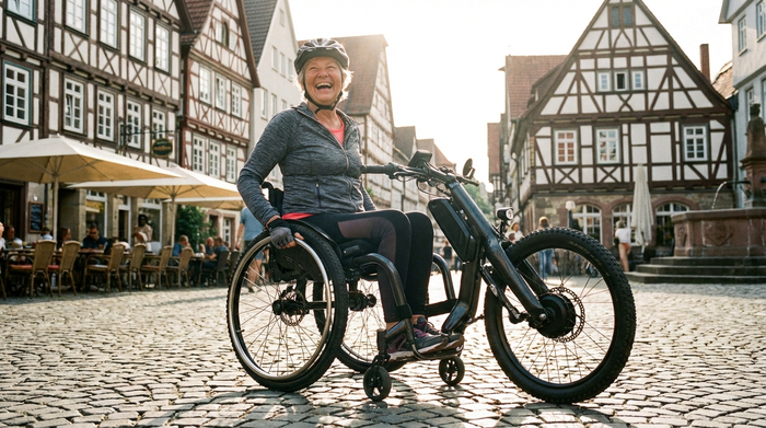 Eine aktive Seniorin im modernen Adaptivrollstuhl fährt selbstständig über einen gepflasterten Weg in einer gemütlichen Altstadt. Die Sonne scheint, die Szene strahlt Unabhängigkeit und Lebensfreude aus.