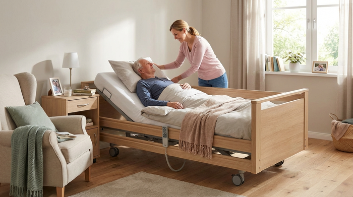 Ein gemütlich eingerichtetes Schlafzimmer mit einem modernen, höhenverstellbaren Pflegebett aus hellem Holz. Eine liebevolle Tochter richtet das Kissen für ihren ruhenden Vater, der entspannt im Bett liegt.