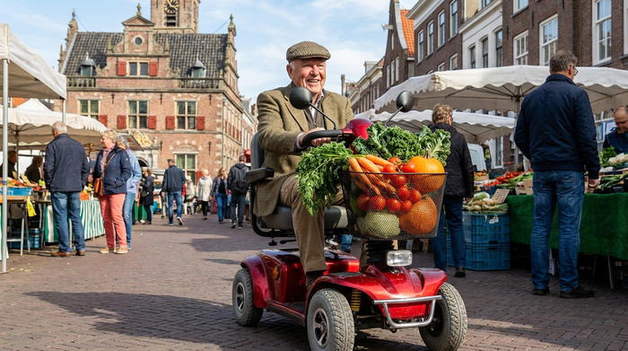 Ein rüstiger Rentner fährt mit einem roten, vierrädrigen Elektromobil über einen belebten Wochenmarkt. Er hat frisches Gemüse im vorderen Korb und lächelt zufrieden.