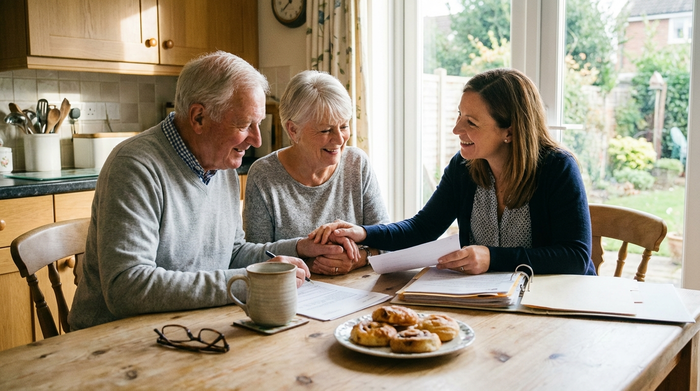 Ein älteres Ehepaar sitzt gemeinsam am Küchentisch und bespricht entspannt Dokumente mit einer freundlichen Beraterin. Auf dem Tisch liegen Papiere und eine Kaffeetasse, die Atmosphäre ist vertrauensvoll.