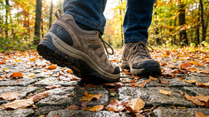 Nahaufnahme von bequemen, stützenden Senioren-Schuhen auf einem gepflasterten Weg im Park, umgeben von herbstlichen Blättern. Fokus auf das sichere Auftreten.