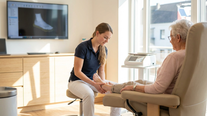 Ein heller, moderner Behandlungsraum in einem Sanitätshaus. Eine Fachkraft untersucht behutsam den Fuß eines älteren Patienten. Im Hintergrund ist ein unscharfer Computermonitor mit einer 3D-Grafik eines Fußes zu erkennen.