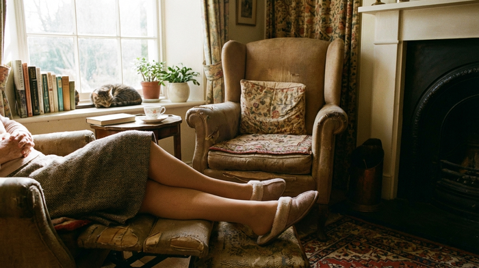 Die Beine einer älteren Dame, die auf einem bequemen Sessel sitzt und perfekt sitzende, hautfarbene Strümpfe trägt. Ein sanftes Licht fällt durch das Fenster und erzeugt eine gemütliche Atmosphäre.