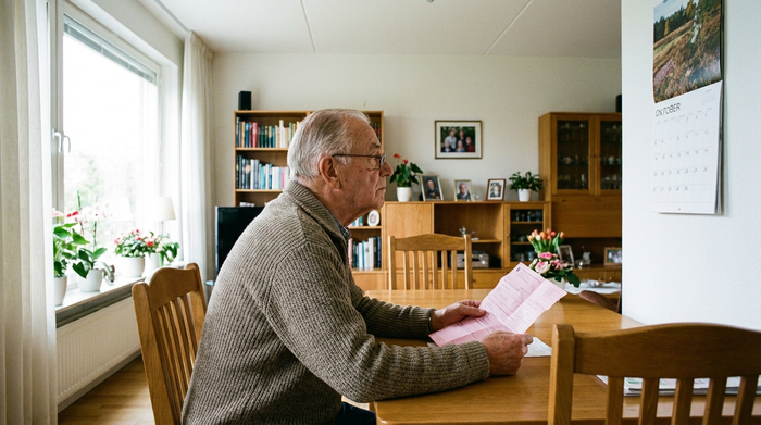 Ein älterer Herr sitzt am Esstisch und schaut auf einen Kalender, während er ein rosafarbenes Rezept in der Hand hält. Helles Tageslicht, aufgeräumtes Wohnzimmer, realistische Szene ohne Text.
