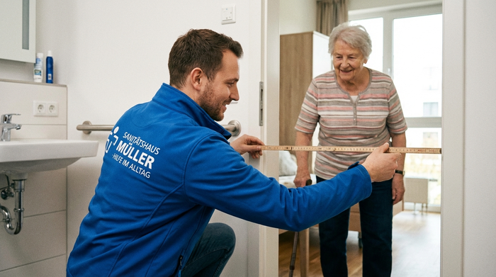 Ein Techniker des Sanitätshauses misst mit einem Zollstock die Breite einer Badezimmertür in einer seniorenfreundlichen Wohnung. Professionelles Auftreten, realistisches Wohnumfeld, saubere Bildkomposition.