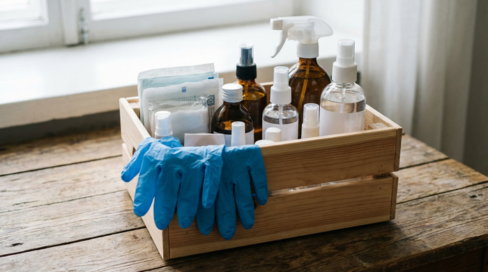 Eine ordentlich gepackte Box mit Pflegehilfsmitteln wie Einmalhandschuhen und Desinfektionsmitteln steht auf einem Holztisch. Sanftes Licht, saubere und hygienische Ausstrahlung, keine Etiketten mit Text.