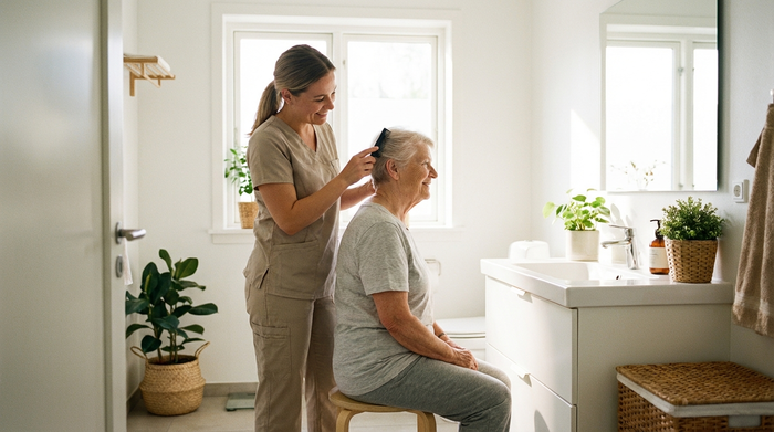 Eine freundliche Pflegekraft hilft einer älteren Dame liebevoll beim Kämmen der Haare vor einem hellen, sauberen Badezimmerspiegel. Die Szene wirkt ruhig, respektvoll und authentisch.