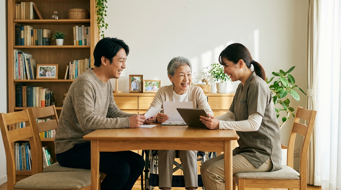 Ein erwachsener Sohn sitzt gemeinsam mit seiner pflegebedürftigen Mutter und einer Pflegekraft am Esstisch. Sie besprechen lächelnd Dokumente in einer entspannten, aufgeräumten häuslichen Umgebung.