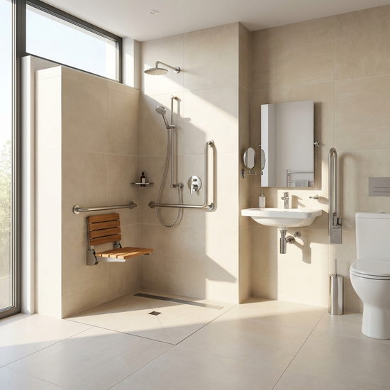 Ein modernes, barrierefreies Badezimmer mit einer ebenerdigen Dusche, stabilen Haltegriffen und einem klappbaren Duschsitz. Helles Tageslicht fällt durch das Fenster auf die sauberen Fliesen.