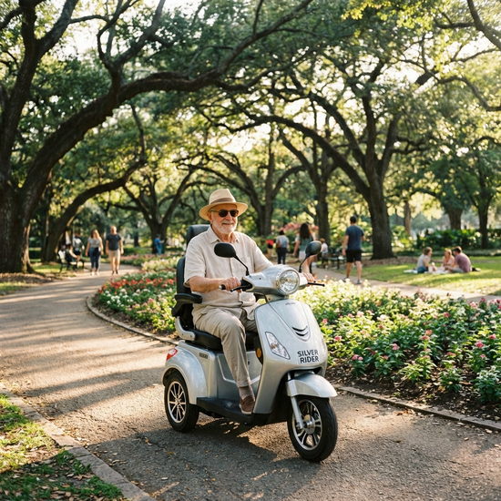 Ein älterer Herr fährt entspannt mit einem modernen Elektromobil durch einen gepflegten Park mit alten Bäumen an einem sonnigen, warmen Nachmittag.