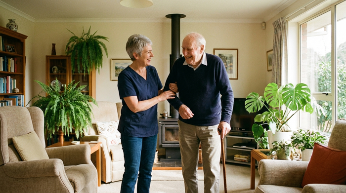 Eine fürsorgliche Pflegekraft hilft einem älteren Herrn beim Gehen im hellen Wohnzimmer. Die Pflegekraft stützt ihn sanft am Arm. Beide lächeln. Im Hintergrund stehen gemütliche Möbel und Zimmerpflanzen.