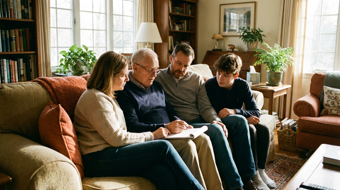 Eine Familie sitzt gemeinsam mit einem älteren Angehörigen auf dem Sofa im Wohnzimmer und bespricht ruhig und konzentriert Notizen auf einem Block. Harmonische Stimmung, helles Tageslicht.