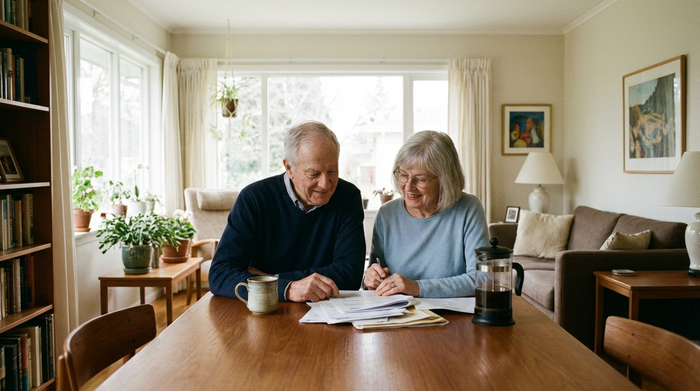 Ein älteres Ehepaar sitzt am Esstisch und betrachtet entspannt einige Dokumente. Neben ihnen steht eine Kaffeetasse. Die Szene wirkt beruhigend und aufgeräumt, das Licht fällt weich durch das Fenster.