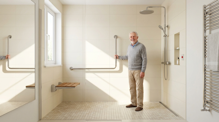 Eine moderne, saubere und barrierefreie Dusche mit flachem Einstieg und einem sicheren Haltegriff an der hell gefliesten Wand. Ein heller, freundlicher Raum, der Sicherheit im Alter ausstrahlt.