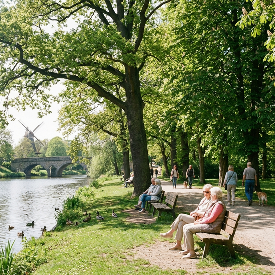Ein Blick auf einen ruhigen Park in Lünen an einem sonnigen Tag, mit Spaziergängern und Senioren auf Holzbänken am Ufer, umgeben von grünen, alten Bäumen.