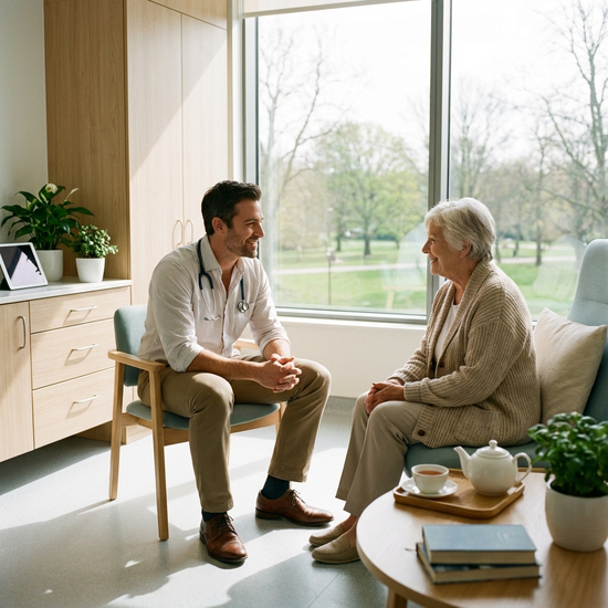 Ein freundlicher Arzt im entspannten Gespräch mit einer älteren Patientin in einem hellen, modernen Krankenhauszimmer, beide lächeln einander vertrauensvoll zu.