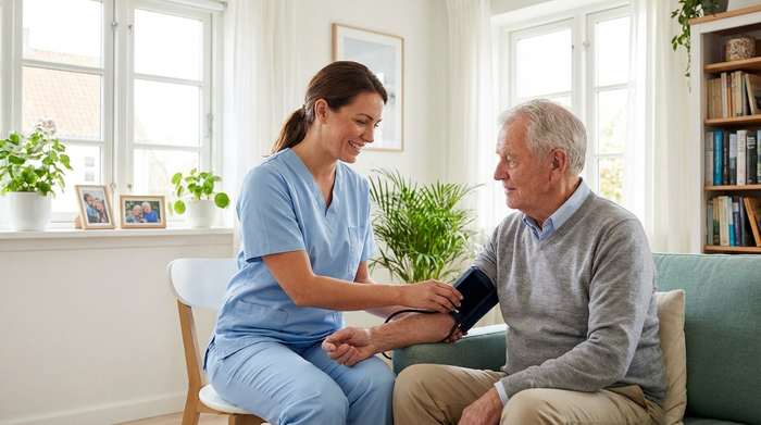 Eine professionelle Pflegekraft in hellblauer Dienstkleidung misst behutsam den Blutdruck eines älteren Herrn in seinem Wohnzimmer. Helle, saubere und vertrauensvolle Umgebung.