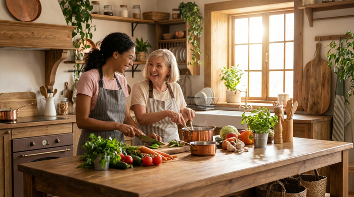 Eine einfühlsame Betreuungskraft kocht gemeinsam mit einer lächelnden Seniorin in einer gemütlichen, gut ausgestatteten Holzküche ein gesundes Mittagessen aus frischem Gemüse.