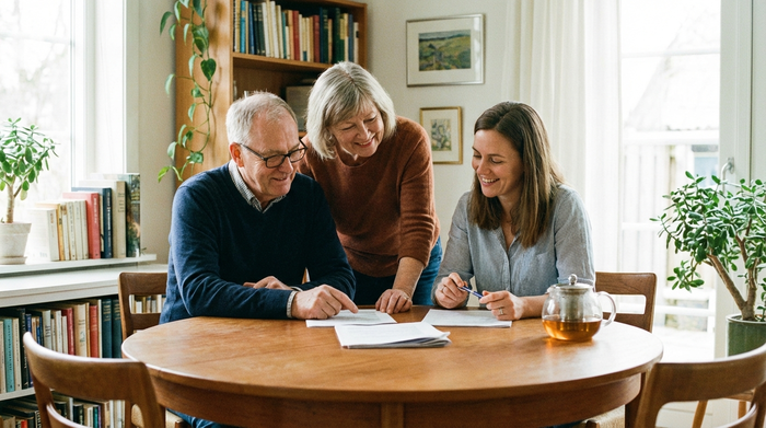 Ein älteres Ehepaar sitzt mit ihrer erwachsenen Tochter am runden Esstisch und betrachtet gemeinsam Dokumente. Sie wirken entspannt, gut beraten und zuversichtlich.