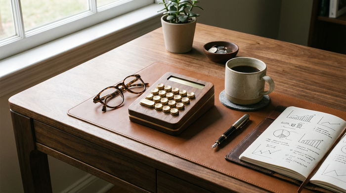 Ein eleganter, ordentlicher Schreibtisch aus Holz mit einem stilvollen Taschenrechner, einer Lesebrille und einer Tasse Kaffee. Weiches Tageslicht, aufgeräumte Finanzplanung, beruhigende Atmosphäre, fotorealistisch, ohne Text oder Zahlen.
