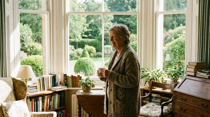 Eine ältere, zufrieden wirkende Frau steht an einem großen Fenster mit Blick auf einen gepflegten grünen Garten. Sie trägt eine gemütliche Strickjacke. Friedliche und sorgenfreie Stimmung, helles Tageslicht, fotorealistisch.