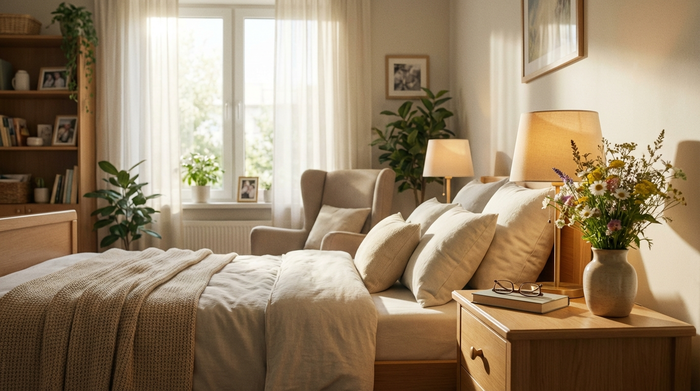 Ein gemütliches, lichtdurchflutetes Zimmer in einer Senioreneinrichtung. Ein bequemes Bett mit hellen Kissen, ein Nachttisch mit einer kleinen Lampe und einem frischen Blumenstrauß. Einladende, saubere und wohnliche Atmosphäre, fotorealistisch.