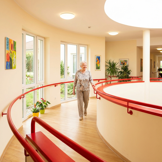 Ein heller, farblich kontrastreich gestalteter Flur in einer Pflegeeinrichtung, der als Rundlaufweg angelegt ist. Rote Handläufe heben sich deutlich von hellen Wänden ab. Eine ältere Person geht entspannt am Handlauf entlang.