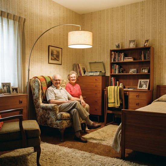 Ein gemütliches Bewohnerzimmer im Stil der 1960er Jahre mit vertrauten Holzmöbeln, einer nostalgischen Stehlampe und einem bequemen Ohrensessel. Alles wirkt sauber, sicher und wohnlich.