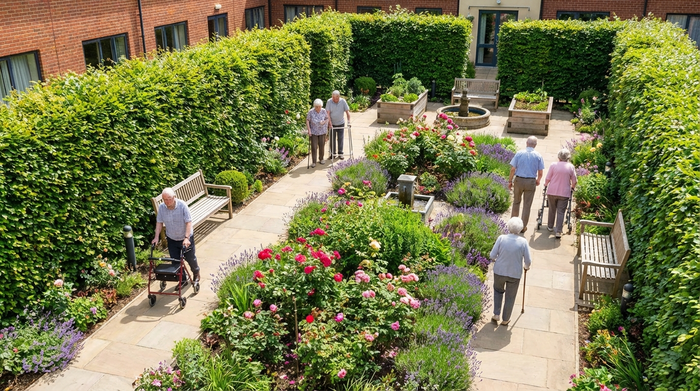 Ein wunderschön angelegter, sicherer Demenzgarten in einem Innenhof. Hohe, natürlich wirkende begrünte Hecken dienen als unauffälliger Schutz. Ältere Menschen spazieren sicher auf gepflasterten, barrierefreien Wegen zwischen bunten Blumenbeeten.