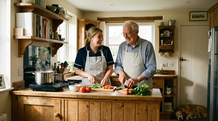 Eine freundliche Betreuungskraft kocht gemeinsam mit einem älteren Herrn in einer gepflegten, heimischen Küche. Beide lachen und schneiden frisches Gemüse. Die Umgebung strahlt eine warme, häusliche Atmosphäre aus.